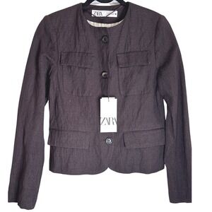 NWT Zara Chocolate Brown Military Crop Jacket Small Wool Utility Career Academia